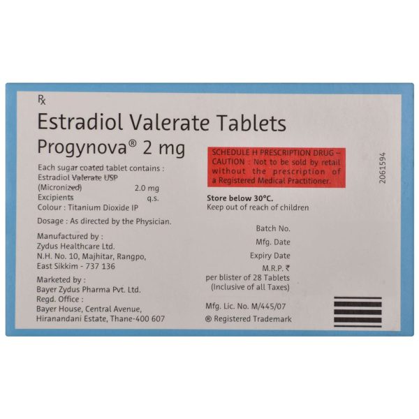 Progynova 2mg manufactured by Zydus Healthcare (Bayer Zydus Pharma)